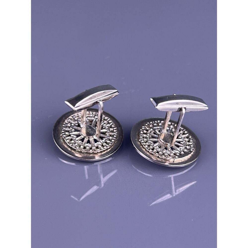 Round Black Glass Cufflinks Silver Tone Wheel Spokes Polished Finish Vintage - Picture 6 of 6